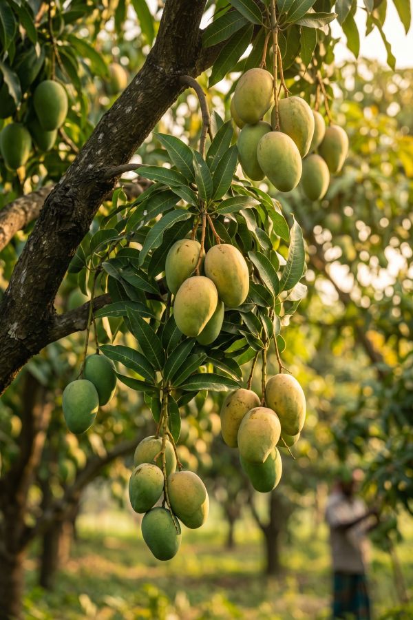 Mangoes growing on a tree branch